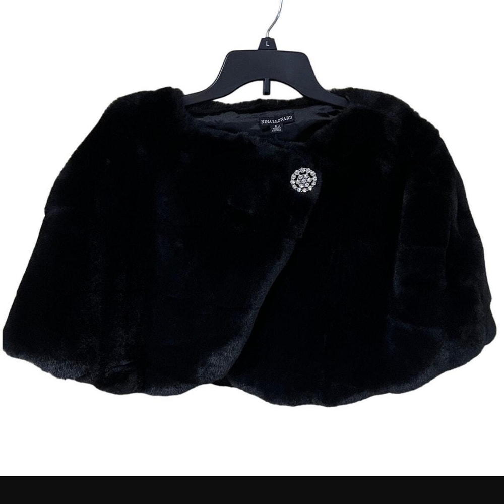 Nina Leonard Black Faux Fur Cape with Rhinestone Accent